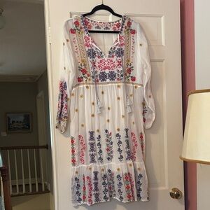 Johnny Was White Embroidered Floral Long Sleeve Dress